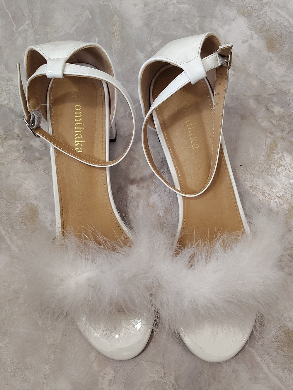 Amazon White Fur-Trim Block Heel Sandals